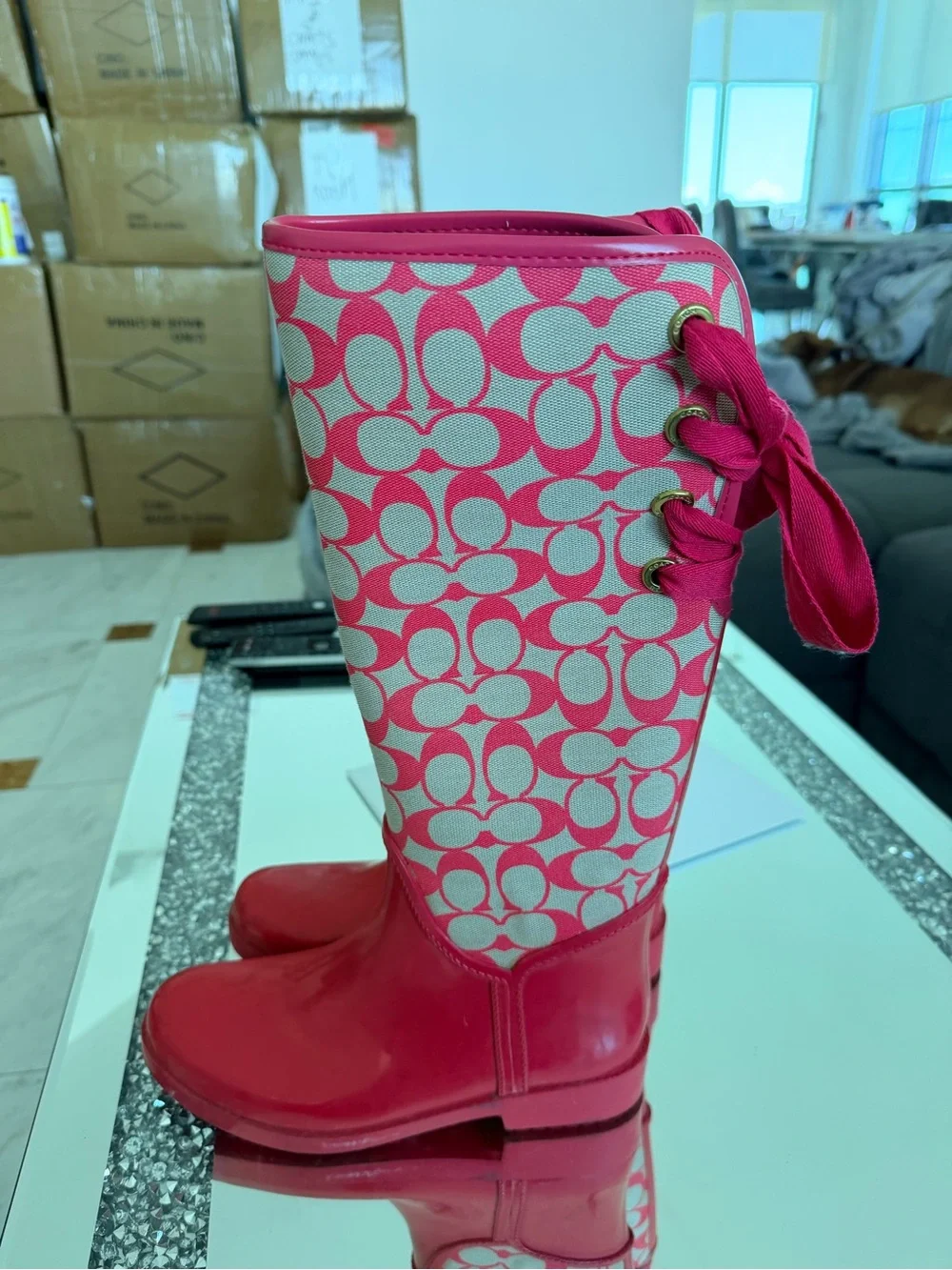 Coach Pink Signature Pattern Tall Rain Boots